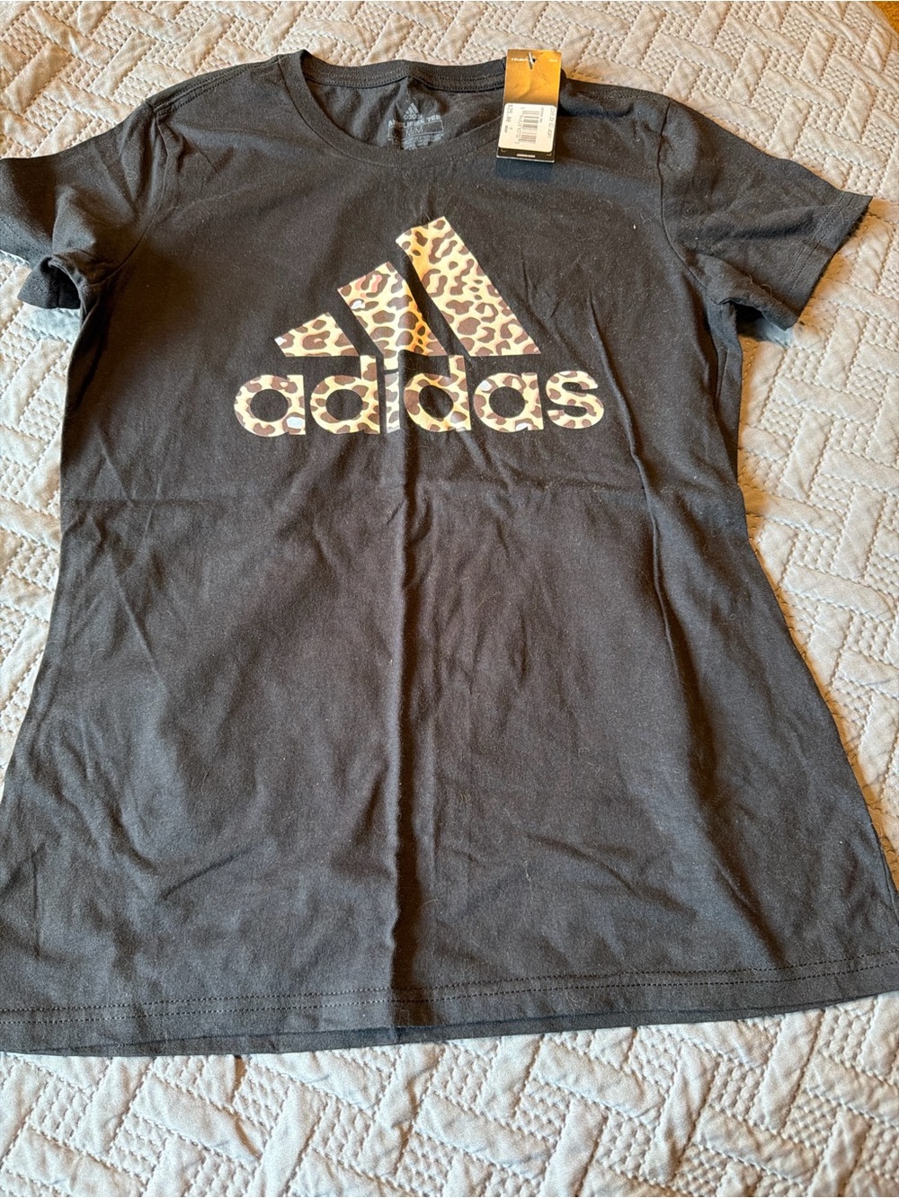 adidas Black Tee with Leopard Logo Accent